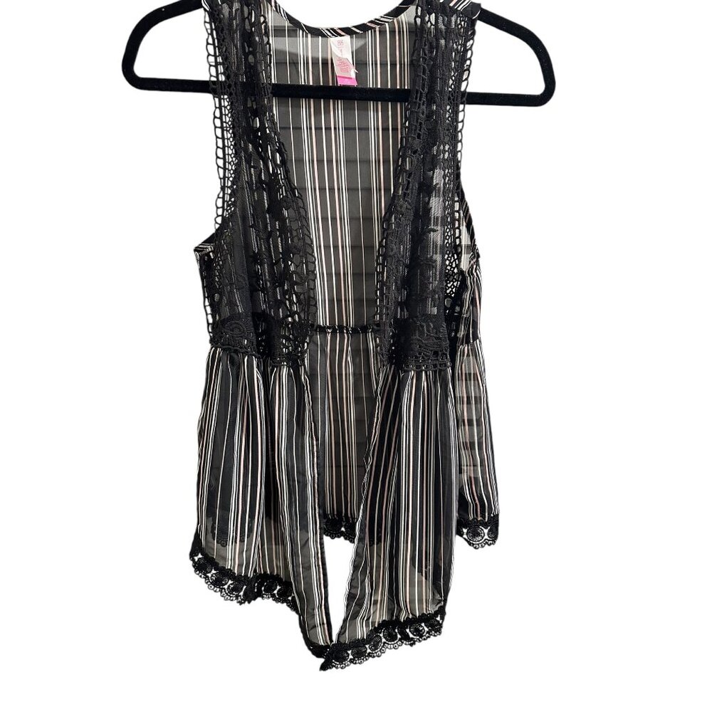 🍒 2/$20 🍒 Juniors Medium Sheer Black, White Pink Striped Vest with Lace Accent